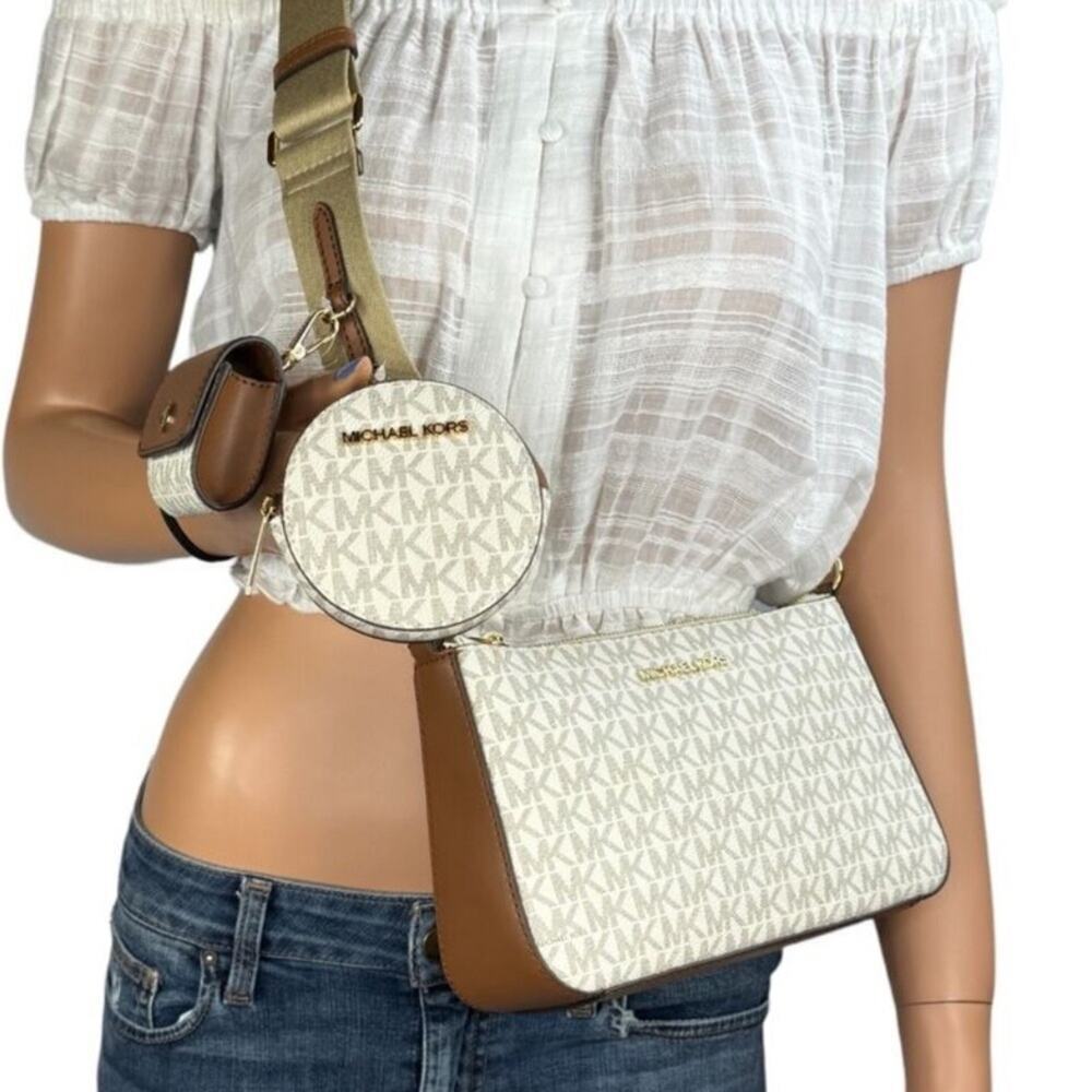 Michael Kors White/Tan Jet Set Logo Crossbody Bag with Case Apple AirPods Pro - Picture 2 of 14